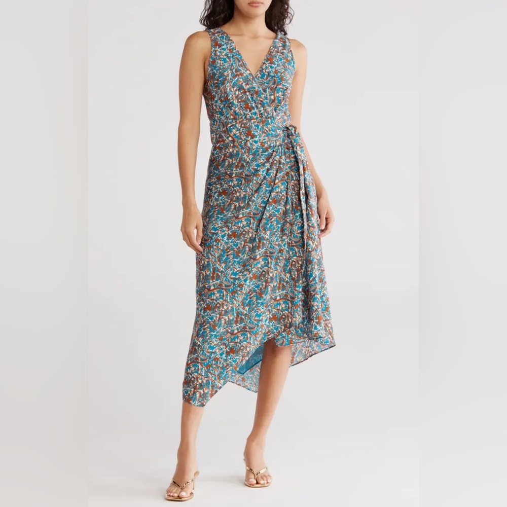 Joie Teal and Brown Floral Asymmetrical Wrap Midi Dress